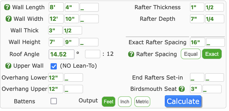 Rafter calculator input settings